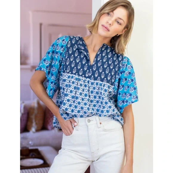 Emerson Fry Patchwork Blues Organic Basalie Top - Picture 2 of 11